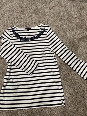 Banana Republic White and Navy Striped Tunic with Embellished Neckline